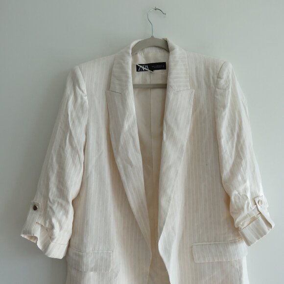 ZARA Linen Blend Neutral Oatmeal Stripe Roll Tab Sleeve Blazer Preppy - Size M - Picture 3 of 12